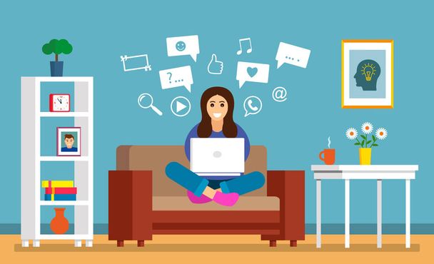 ein schönes junges Mädchen sitzt auf dem Sofa mit einem Laptop in einem Raum für die Suche nach Informationen im Internet. das Konzept des modernen Menschen und die Empfindungen des Online-Lernens. - Vektor, Bild