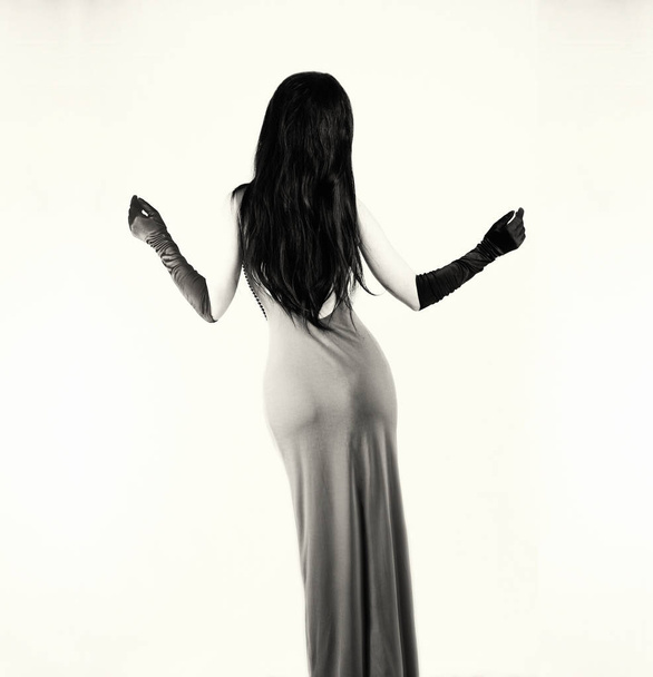 Beautiful young woman in sexy long gray dress. - Photo, Image