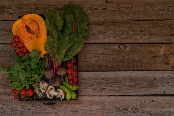 Şükran Günü için mevsim sebzeleri ile Sonbahar kavramı. Koyu masada taze sebzeler. Sağlıklı beslenme. Kabak, biber ve soğan. Yemek tarifleri veya menü kartı. Düz yatmak, kopyalama alanı. Tonlu görüntü. - Fotoğraf, Görsel