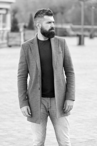 Stylish beard and mustache fall and winter season. Beard fashion and barber concept. Man bearded hipster stylish fashionable coat. Bearded and cool. Barber tips maintain beard. Hipster appearance - Foto, Bild