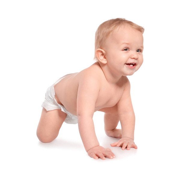 Cute little baby crawling on white background - Фото, изображение