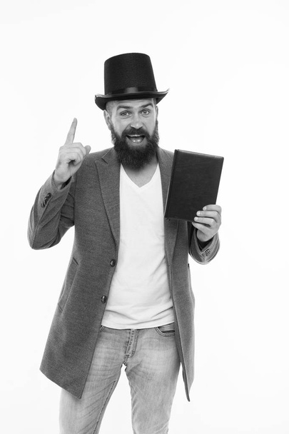 Magician character. Want some magic trick. Circus magic trick performance. Magician circus worker. Man bearded guy cheerful face solve problem as magician. Magician trick performance concept - Zdjęcie, obraz