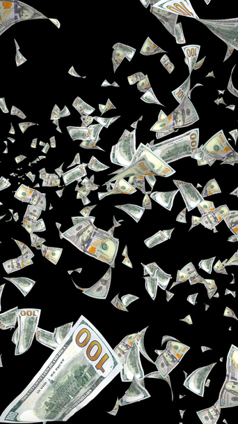 Банкноты с летающими долларами изолированы на тёмном фоне. Деньги летят в воздухе. 100 банкнот США новый образец. 3D иллюстрация
 - Фото, изображение