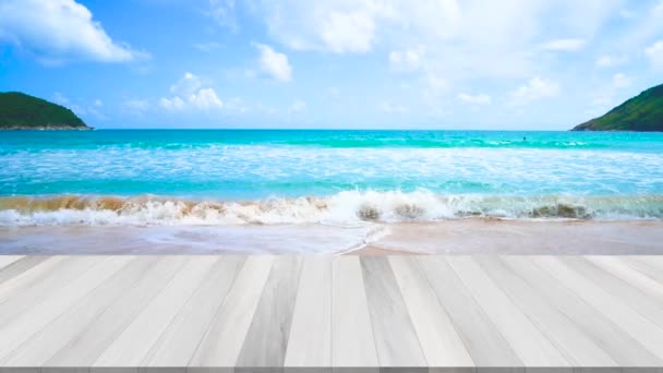 Playa mar terraza de madera textura perspectiva en playa mar puesta de sol. UHD 4K Vídeo clip
 - Metraje, vídeo