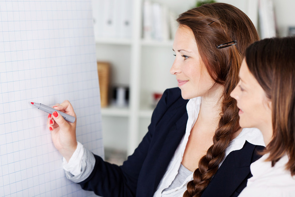 Two businesswomen discussing a flip chart - Foto, afbeelding