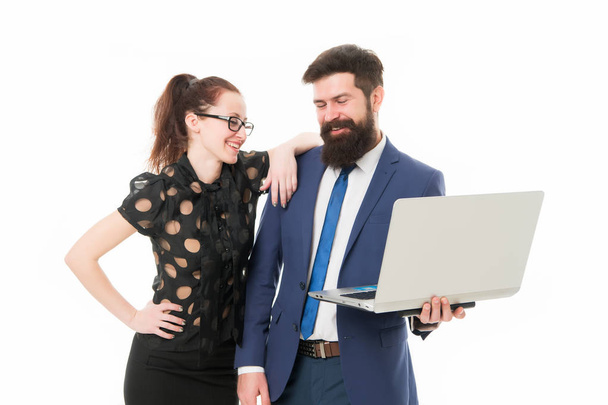 successful teamwork. Successful team of bearded man and sexy woman. Results and teamwork. Collaboration is a key to best results. Successful team at work. collaboration. successful business meeting - Photo, image