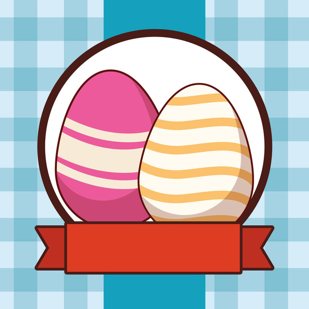 Easter eggs colorful painted checkered background round frame ribbon banner - Vector, imagen