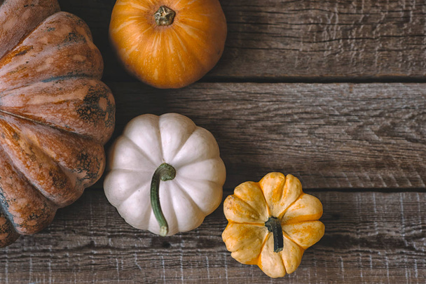 Organic food. Autumn pumpkin on a dark rustic wooden table. Healthy vegetarian food. Top view. - Photo, Image