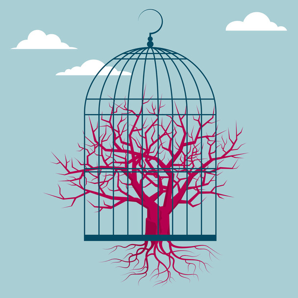 The tree is in a bird cage. Isolated on blue background. - Vector, Image