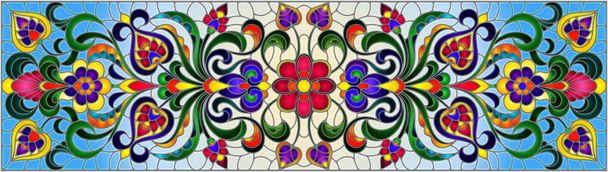 Ілюстрація у вітражному стилі з абстрактними гойдалками, квітами та листям на синьому фоні, горизонтальна орієнтація
 - Вектор, зображення