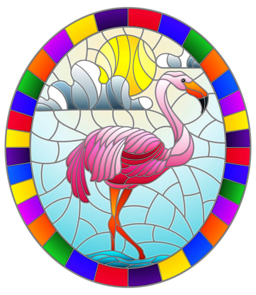 Ilustración en estilo vitral con Flamingo un estanque al sol, cielo y nubes, imagen ovalada en marco brillante
 - Vector, Imagen