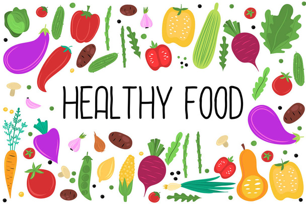 Υγιεινή διατροφή, Χορτοφαγική διατροφή, βιολογικά και νωπά προϊόντα, λαχανικά σε επίπεδη βάση που απομονώνονται σε λευκό φόντο. - Διάνυσμα, εικόνα
