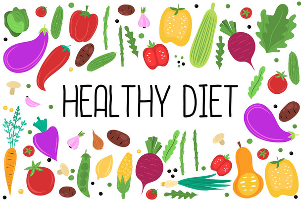 gesunde Ernährung, vegetarische Kost, biologische und frische Produkte, Gemüse flach handgezeichnet isoliert auf weißem Hintergrund. - Vektor, Bild