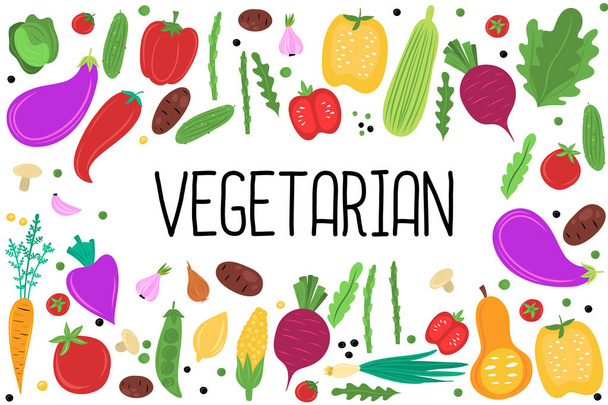 Alimentation saine, nourriture végétarienne, produits bio et frais, légumes plats dessinés à la main isolés sur fond blanc
. - Vecteur, image