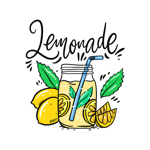 Glas van mok limonade hand getekende vector illustratie en belettering. - Vector, afbeelding
