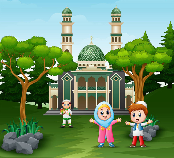 Happy musim kids in front the mosque - Vector, Image