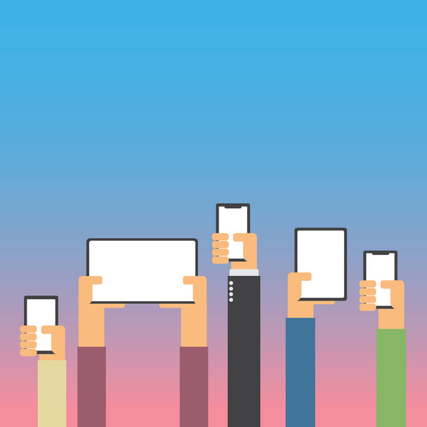 Hands raising with smartphone and tablet flat design - Vector, afbeelding