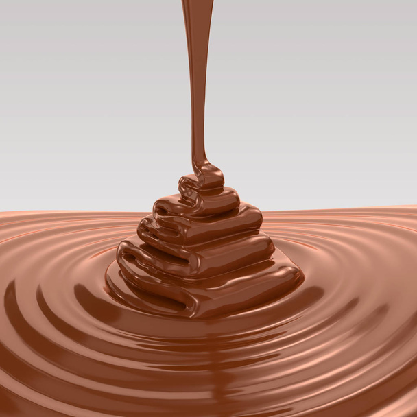 Kahverengi Çikolata dökme ve erimiş arka plan, 3d render. - Fotoğraf, Görsel