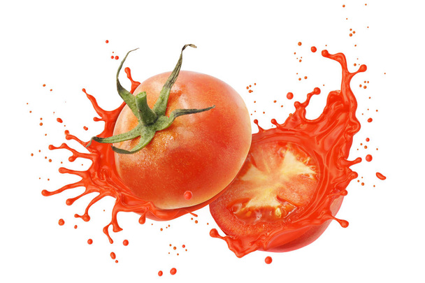 Red Tomato Sliced with Splashing juice or tomato sauce, Isolated on white background with Clipping path. - Фото, изображение