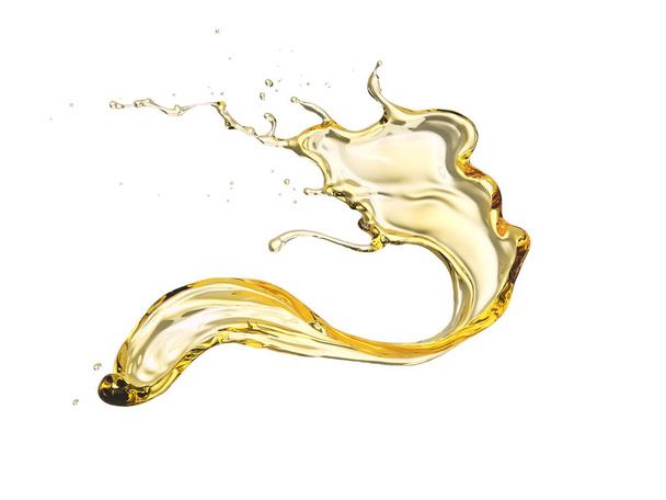 Olívaolaj vagy motorolaj fröccsenés, arany napraforgóolaj elszigetelt fehér alapon, 3D illusztráció vágási útvonal. - Fotó, kép