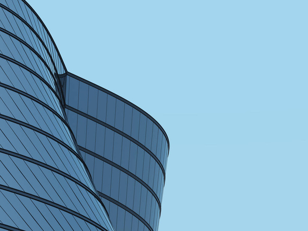Estimulación 3D del edificio de vidrio de curva de gran altura y del sistema de ventanas de acero oscuro sobre fondo de cielo azul, concepto empresarial de arquitectura futura, búsqueda del ángulo del edificio
. - Foto, imagen
