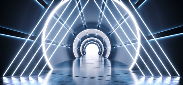 Triângulo de néon Sci-Fi Futurista Cilindro redondo em forma de corredor W
 - Foto, Imagem