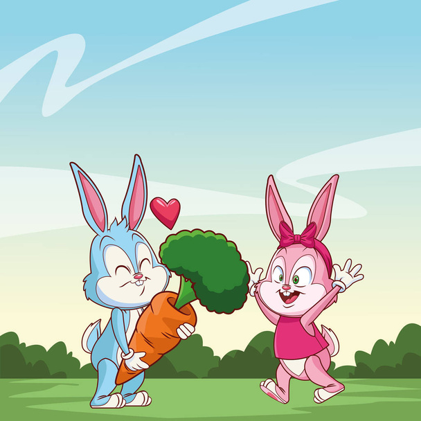 Cute easter bunny happy friends with carrot nature background bushes - Vector, Image