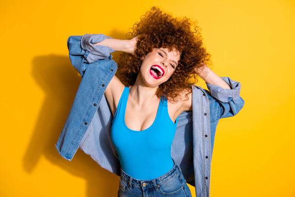 Portrait of her she nice lovely feminine girlish charming attractive winsome sweet cheerful cheery crazy optimistic girl having fun isolated over bright vivid shine yellow background - Φωτογραφία, εικόνα