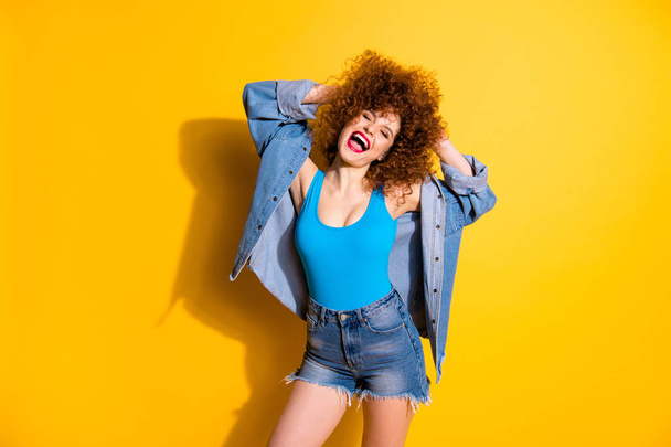 Portrait of her she nice cute lovely girlish charming attractive winsome cheerful cheery crazy optimistic overjoyed girl having fun isolated over bright vivid shine yellow background - Φωτογραφία, εικόνα