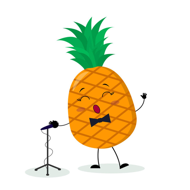 Kawai cute fruit a pineapple singer with a bow tie sings into the microphone. Cartoon style character. Logo, template, design. Vector illustration, flat style - ベクター画像