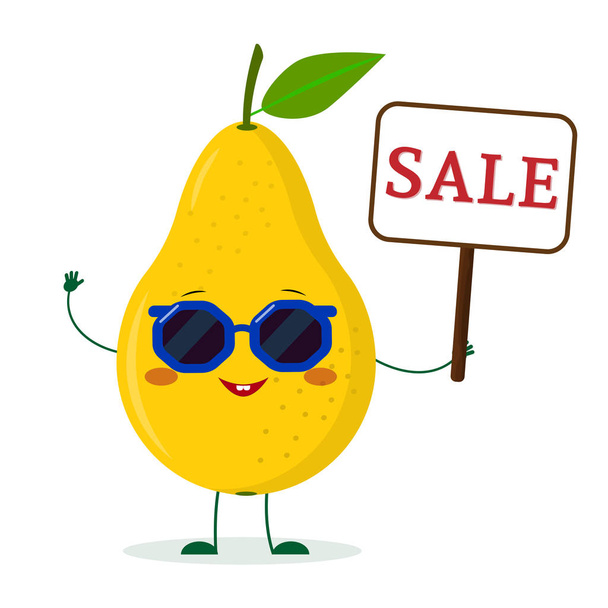 Cute χαριτωμένο φρούτο αχλάδι κίτρινο χαρακτήρα καρτούν σε γυαλιά ηλίου κρατώντας ένα σημάδι πώλησης. Λογότυπο, πρότυπο, σχέδιο. Εικονοδιάνυσμα, επίπεδη στυλ - Διάνυσμα, εικόνα