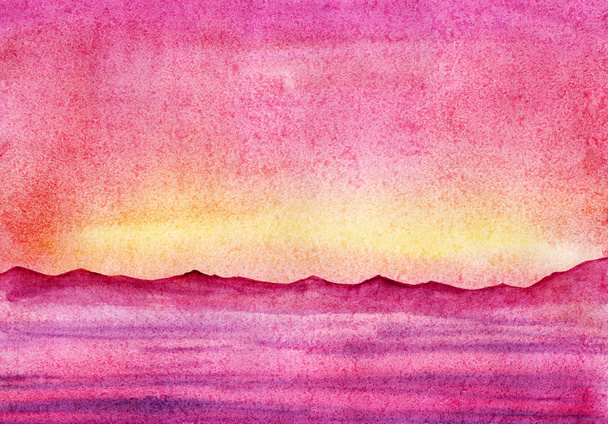 Hand drawn watercolor Landscape. Pink sunset sky and see.  Dark silhouette of further mountains.  - 写真・画像
