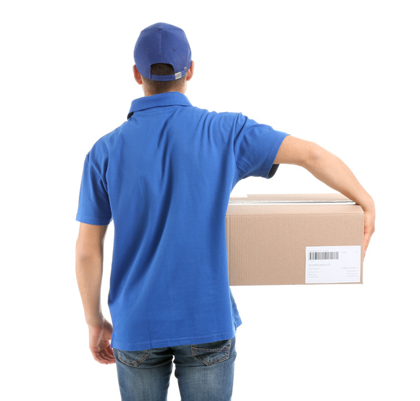 Delivery man with box on white background, back view - Photo, Image