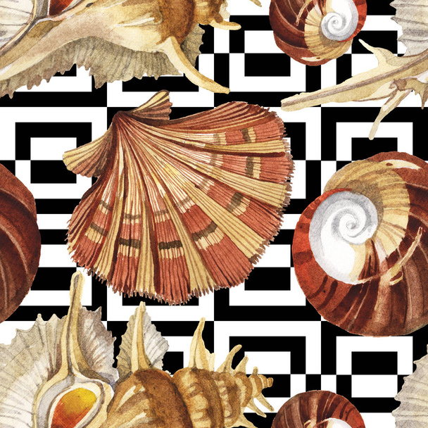 Folytonos háttérmintázat. Trópusi tengeri kagylókból Zöld hínár. Akvarell háttérillusztráció-készlet.  - Fotó, kép