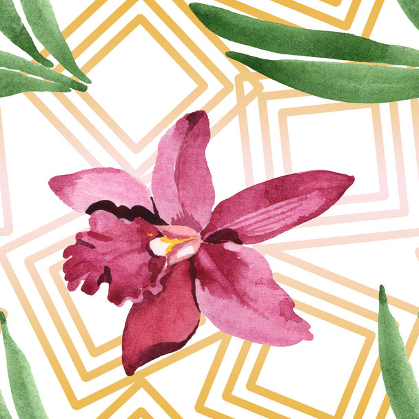 Orquídea marsala con hojas verdes sobre fondo blanco. Juego de ilustración en acuarela. Patrón de fondo sin costuras
.  - Foto, imagen