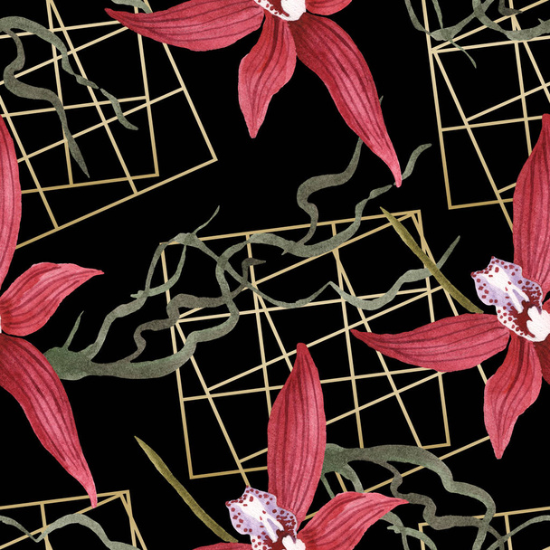 Marsala orchids with green leaves on black background. Watercolor illustration set. Seamless background pattern.  - Foto, afbeelding