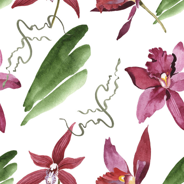 Marsala orchideje se zelenými listím izolovanými na bílém. Akvarel na obrázku. Bezespání vzorek pozadí.  - Fotografie, Obrázek