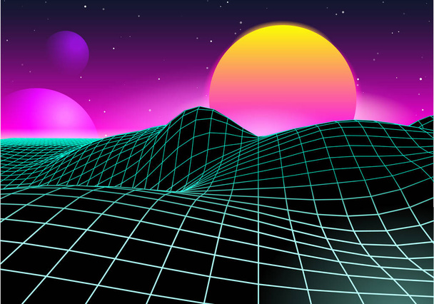 レトロな未来的なゲーム惑星風景の背景1980年代のスタイル。デジタル空間サイバー波面。80年代のパーティーファッションSF。広告ポスター、カバー、バナー用クリエイティブテンプレート. - ベクター画像