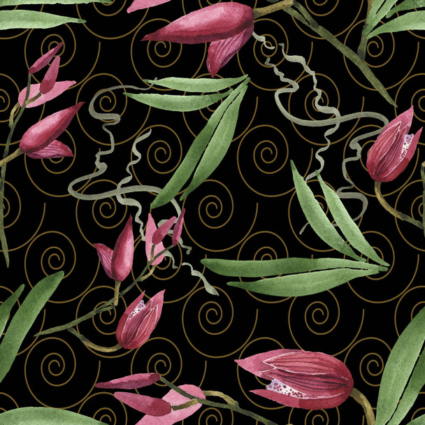 Marsala orchids with green leaves on black background. Watercolor illustration set. Seamless background pattern.  - Photo, Image