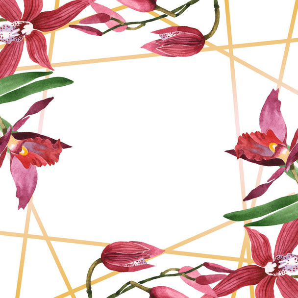 Marsala orchids with green leaves isolated on white. Watercolor background illustration set. Frame border ornament with copy space. - Fotó, kép