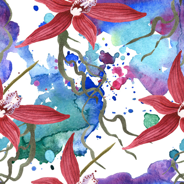 Marsala orchids with green leaves on white background with paint spills. Watercolor illustration set. Seamless background pattern.  - 写真・画像