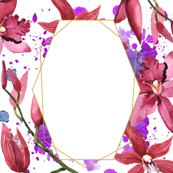 Marsala orchids with green leaves isolated on white. Watercolor background illustration set. Frame border ornament with copy space. - Foto, Imagen