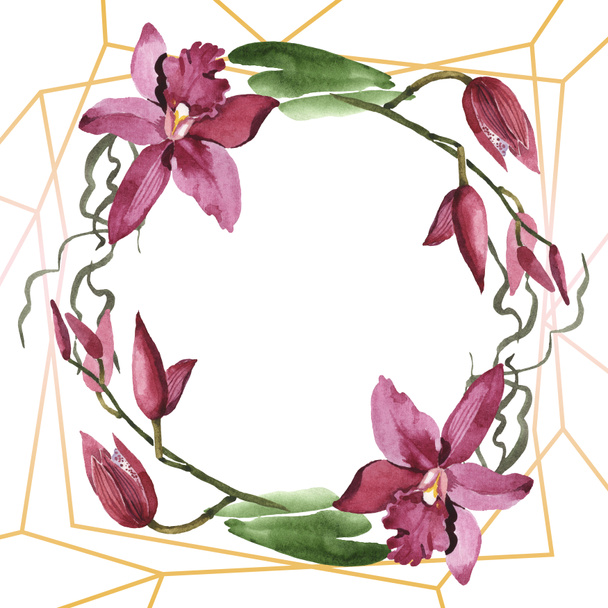 Marsala orchids with green leaves isolated on white. Watercolor background illustration set. Frame border ornament with copy space. - Foto, afbeelding