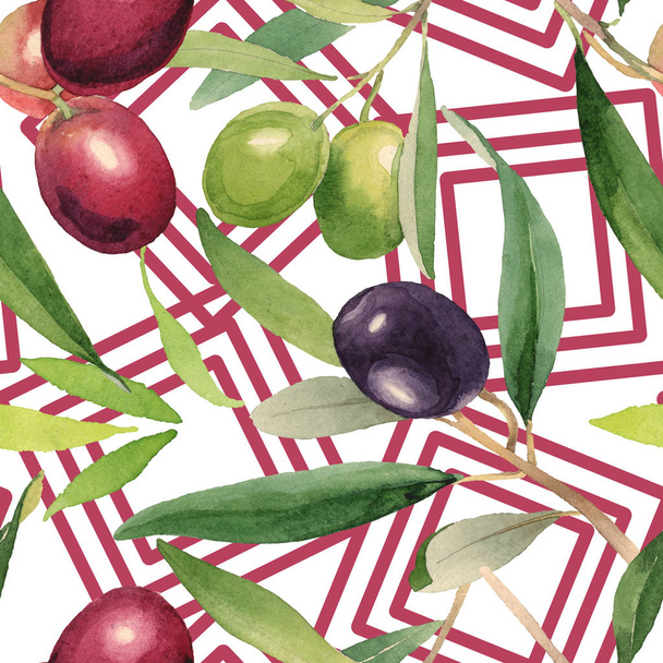 Olives fraîches aux feuilles vertes isolées sur fond aquarelle blanc éléments d'illustration. Modèle de fond sans couture
.  - Photo, image