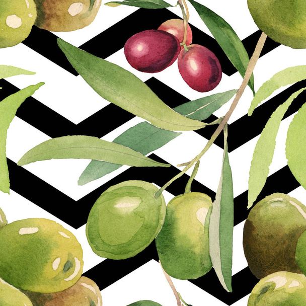 Fresh olives with green leaves isolated on white watercolor background illustration elements. Seamless background pattern.  - Zdjęcie, obraz