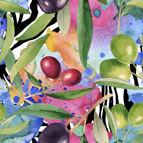Fresh olives with green leaves isolated on white watercolor background illustration elements. Seamless background pattern.  - Valokuva, kuva