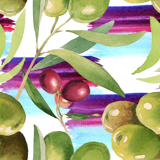 Fresh olives with green leaves isolated on white watercolor background illustration elements. Seamless background pattern.  - Φωτογραφία, εικόνα