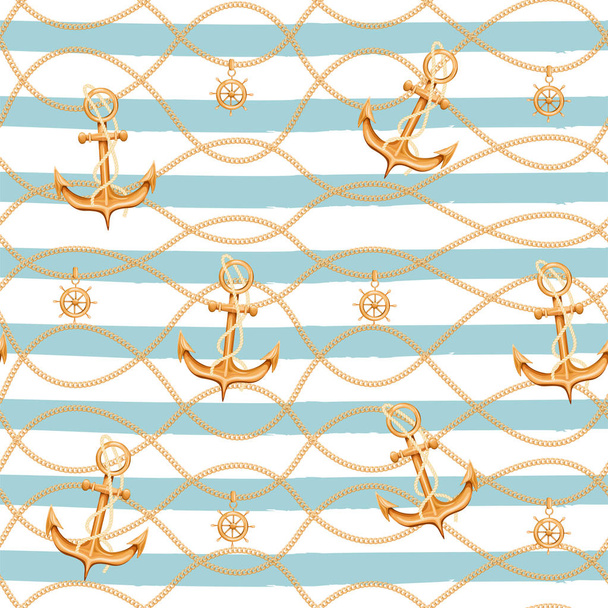 Seamless pattern with golden chains, anchor and ship wheel. - Vector, Image