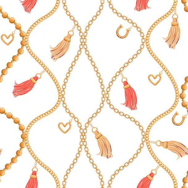 Abstarct seamless pattern with various gold chains and tassels. - Vector, Image
