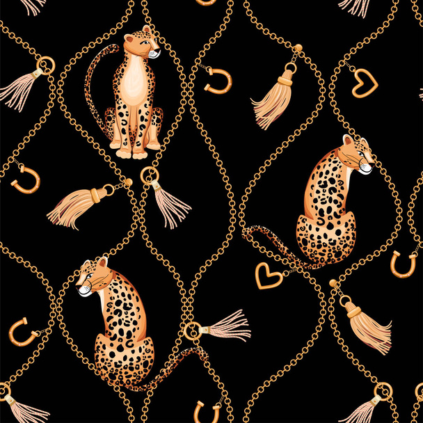 Fashion fabric seamless pattern with leopards, chain and tassels. - Vector, Image